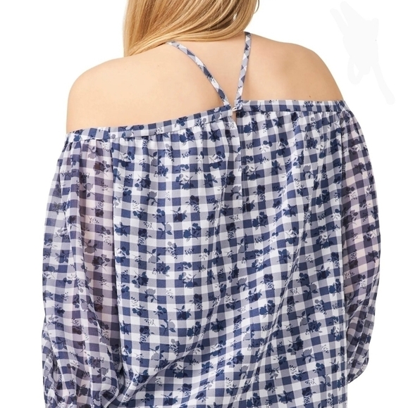 1 State Plus Size Gingham Blue/White Crepe Off the Shoulder Blouse - Picture 2 of 9